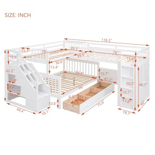 Merax L-Shaped Triple Bunk Bed with Desk & Stairs, Twin & Twin Over Full Bunk Bed for 3, Storage Drawers and Wardrobe Included, for Adults, Boys & Girls, White Merax