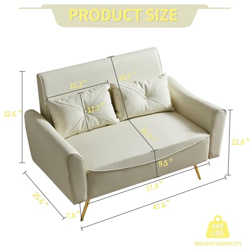 Chfeloai 48" Faux Leather Loveseat, Mid Century Modern Futon Sofa with 2 Pillows, Small Couch for Small Space, Living Room, Bedroom, Apartment, Home Office (Off-White) Chfeloai