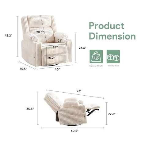 Power Recliner Chair with Massage and Heat, Oversized Swivel Rocker Recliner for Adults with Adjustable Headrest, Nursery Glider with Arm Storage and Cup Holder, Beige RUTOX