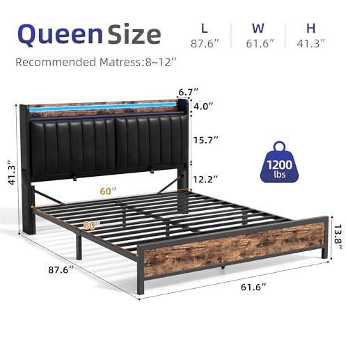 Queen Size Bed Frame with Adjustable Backrest Hidden Storage Headboard, PU Leather Upholstered Queen Bed Frame with Charging Station and LED Lights, Heavy Duty, No Box Spring Needed, Black&Brown Jocoevol