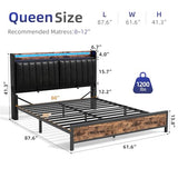 Queen Size Bed Frame with Adjustable Backrest Hidden Storage Headboard, PU Leather Upholstered Queen Bed Frame with Charging Station and LED Lights, Heavy Duty, No Box Spring Needed, Black&Brown Jocoevol