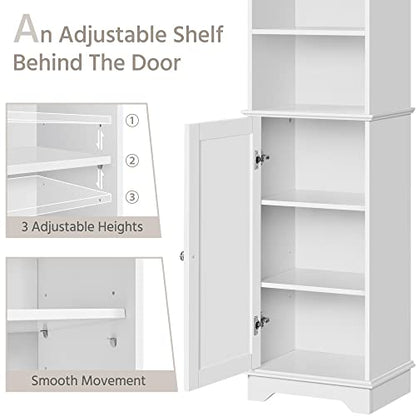 Yaheetech Tall Slim Bathroom Storage Cabinet with 3 Shelves, Enclosed Door, and Modern Design in White - WoodArtSupply