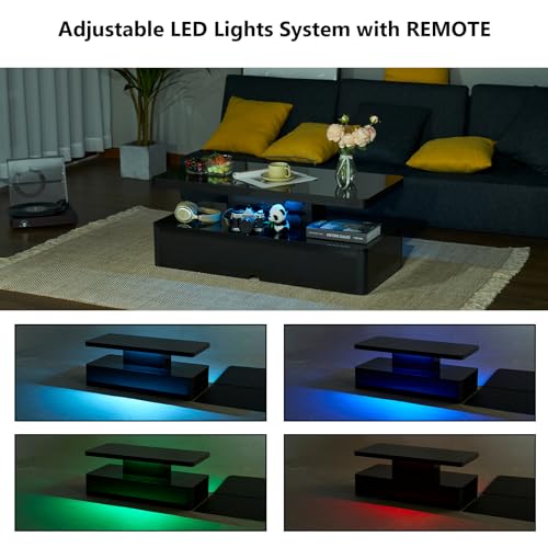 oneinmil Modern Stylish Coffee Table with 16 Colors LED Lights, Double-Layer Design for Living Room, Black - WoodArtSupply