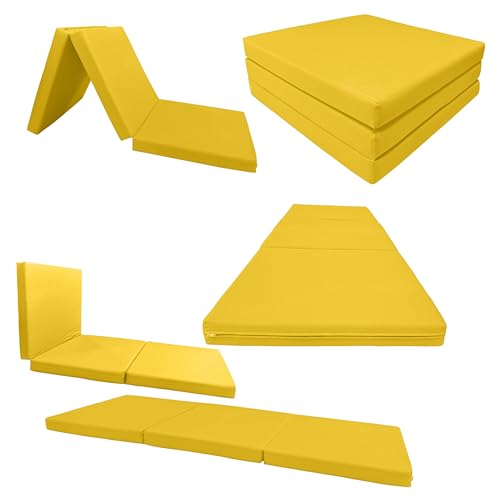 D&D Futon Furniture Trifold Foam Beds, Floor Tri-Fold Bed, Foldable Shikibuton Mattress Cushion Topper Mat for Space Saving Sleepover 3x27x75 in, Yellow D&D Futon Furniture