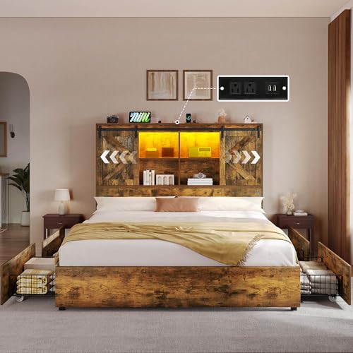 DWVO Farmhouse Queen Size Bed Frame with Storage Bookcase Headboard, Sliding Barn Door, 4 Storage Drawers, RGB LED Bed Frame with USB Charging Station, No Box Spring Needed, Rustic Brown - WoodArtSupply