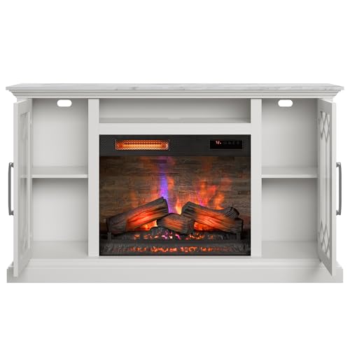 duraflame® Electric Fireplace Farmhouse Media Console for 65 Inch TVs with Glass Doors, Bright White Duraflame