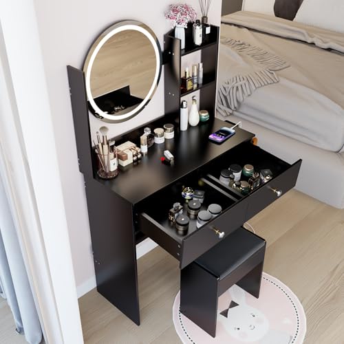Montary 31.5" Compact Vanity Desk Set with Soft Cushion Stool, 2 AC & 2 USB Power Outlets, Hair Dryer Holder, Large Mirror, Adjustable LED Light, Drawers, Multi - Layer/Hidden Storage, Black Montary