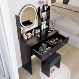 Montary 31.5" Compact Vanity Desk Set with Soft Cushion Stool, 2 AC & 2 USB Power Outlets, Hair Dryer Holder, Large Mirror, Adjustable LED Light, Drawers, Multi - Layer/Hidden Storage, Black Montary