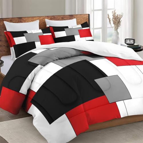 WeCozy Full Size Comforter Set with 2 Pillowcases, Black White Red Geometric Soft 3 Pcs Bedding for Kids and Adults Bedroom Bed Decor WeCozy
