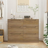 HOSTACK Modern 6 Drawer Dresser for Bedroom, Double Chest of Drawers with Storage, Large Wooden Storage Dresser Organizer with Cut-Out Handle, Accent Storage Cabinet for Living Room, Rustic Brown HOSTACK