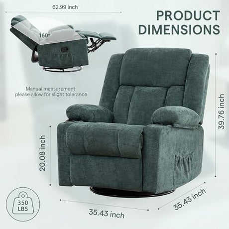 Hicosit Swivel Rocker Recliner Chair with Cup Holders, 360 Degree Rotating Nursery Rocking Chair, Manual Glider Recliner for Living Room (1, Green) Hicosit