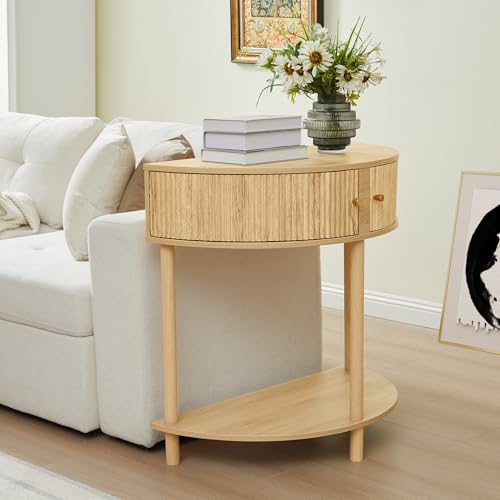 XUZENEST Fluted Half Moon Console Table, Modern Small Entry Table Sofa Table with Storage, Solid Wood Legs Narrow Entryway Table for Living Room, Hallway, Foyer(Natural) XUZENEST
