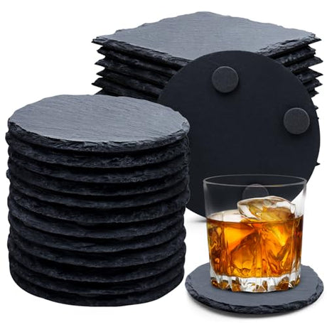 24 PCS Slate Drink Coasters, Cymuber 4 Inch Black Coasters Stone Cup Coaster Bulk Set, Laser Engraving Blanks Handmade Coaster for Halloween, Christmas, Home Decor Drink Bar Kitchen Gifts Cymuber