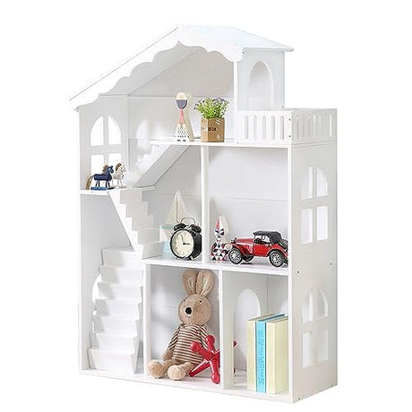 White Wooden Dollhouse Bookcase – Multi-Functional Toy and Book Storage Organizer for Kids WODENY