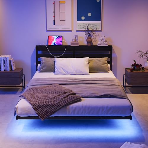 VERFARM Floating Bed Frame Full Size with USB Charging Station, LED Bed Frame with Storage Headboard, Black Metal Platform Bed Double Size, No Box Spring Needed, Noise Free, Easy to Assemble VERFARM