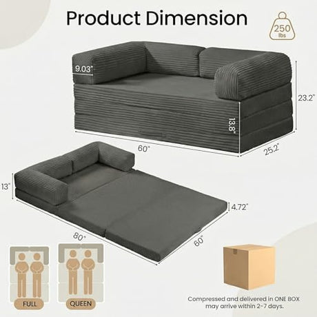 Tri-Folding Mattress Queen Futon Sofa Bed, Convertible Tri Fold Mattress Foldable with Removable Armrests & Washable Cover, 5 Inch Floor Mattress with High-Density Foam, Small Couch Bed, Queen, Grey Erament