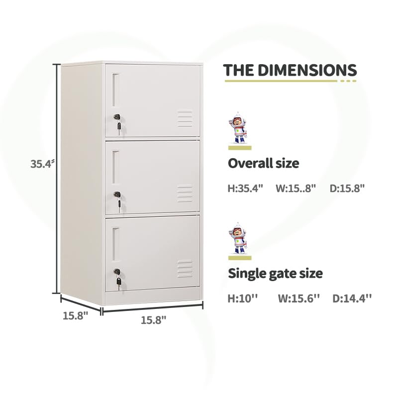 3 Door Metal Vertical Storage Locker for Kids Bedroom, Children Room, School, Office, Home ,Stackable Steel Storage Cabinet for Toys, Clothes & Sports Equipment,Anti-falling Device. (3D, white) DAYTOYS