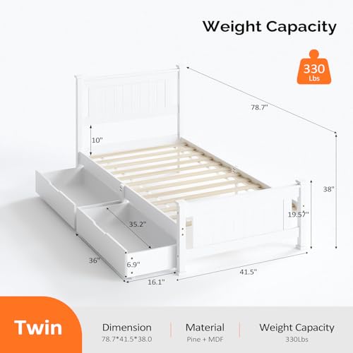 VINGLI Solid Wood Twin Size Bed Frame with Headboard and 2 Storage Drawers,Enhanced Support Single Bed Frame,SModern Minimalist Panel Platform Bed for Kids,Teens, Adults,Guests,Sleigh Bed,White. VINGLI