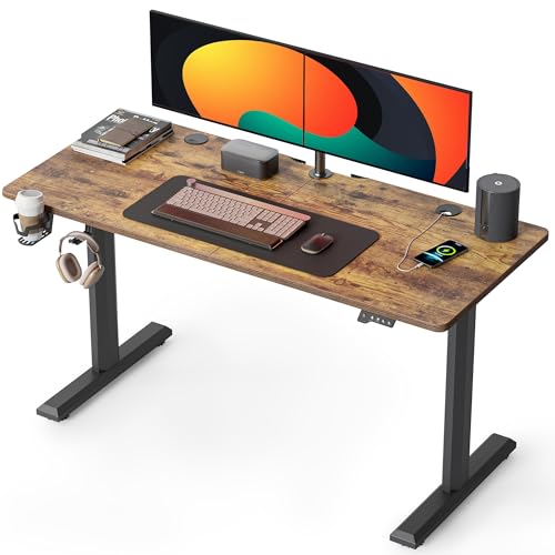 FEZIBO Height Adjustable Electric Standing Desk, 55 x 24 Inches Stand up Table, Sit Stand Home Office Desk with Splice Board, Rusticbrown - WoodArtSupply