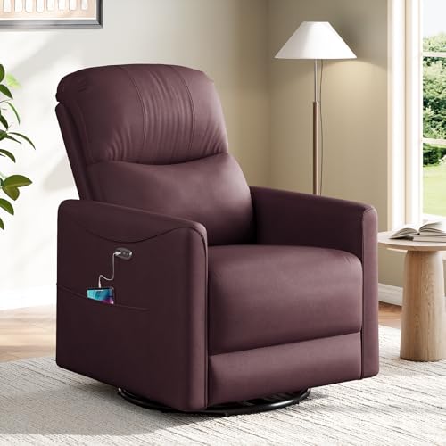 Welzona Power Swivel Rocker Recliner, Power Recliner Chair, 360° Swivel Small Recliners for Small Spaces, Infinite Position Rocking Chair Nursery, PU Leather Living Room Chairs USB Port, Burgundy Red