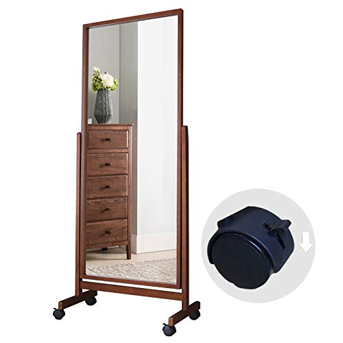 AISUNDY Swivel Adjustable Full Length Mirror on Wheels, Pine Wood Frame Cheval Bedroom Floor Mirror Dressing Mirror Body Mirror with Standing Holder (Brown, 65"x22") AISUNDY