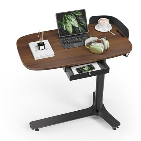 KINGSMITH Height Adjustable Mobile Standing Desk with 360° Swivel Casters, 28"-43" Pneumatic Rolling Desk with Storage Drawer, Perfect for Home Office, Bedroom, Living Room, Dark Walnut KINGSMITH