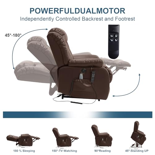 MEROUS Dual Motor Power Lift Recliner Chair for Elderly, Infinite Position Lay Flat Lift Chair with Massage and Heat, USB Ports, Leather (Brown)