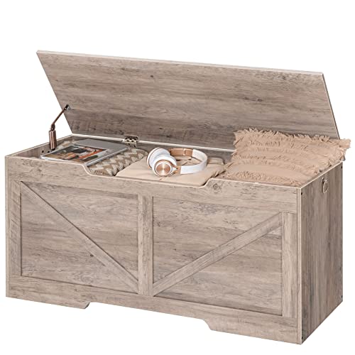 HOOBRO Storage Bench, 43.3” Retro Wooden Storage Chest with U-Shaped Cut-Out Pull, Safety Hinge, Supports 220 lb and Easy Assembly for Toy Box Organizer (Greige) BG772CW01 HOOBRO
