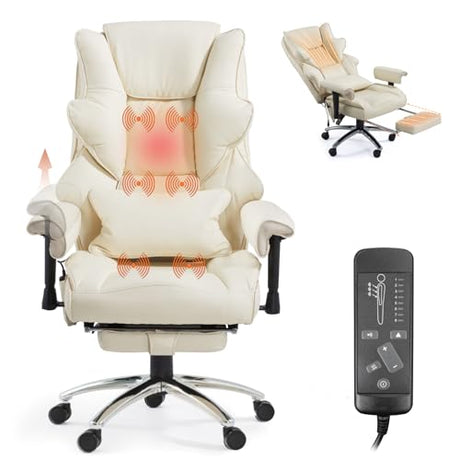 Mvpipi Massage Office Chair with Foot Rest, Ergonomic Executive Heated Office Chair with Reclining Backrest, Adjustable Arms and Lumbar Support, High Back Leather Desk Chairs for Home Office, Beige Mvpipi