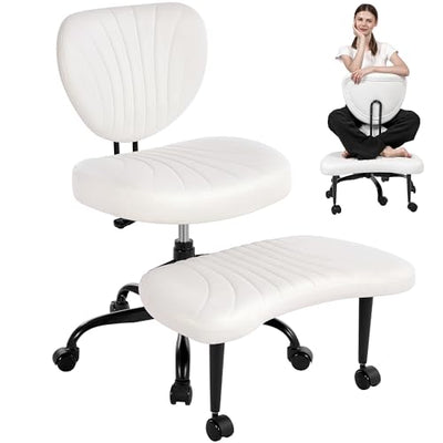 Cross Legged Office Chair, Ergonomic Criss Cross Chair with Wheels, 360° Swivel Height-Adjustable Meditation Chair for Yoga & ADHD, Wide Kneeling Chair with Strong Lumbar Support (White) BPY01W