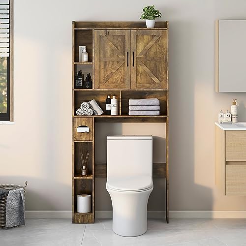 Over The Toilet Storage Cabinet, Farmhouse Storage Cabinet Over Toilet with 2 Barn Door & Toilet Paper Holder Stand，Home Space-Saving Toilet Rack, for Bathroom, Restroom, Laundry