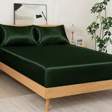 NSGZ 3 Pcs Satin Fitted Sheet and Pillowcase Set, Full Silky Bottom Bedsheet Fit up to 15 Inch Deep Pocket Mattress, Dark Green Soft Satin Bedding Includes 1 Fitted Sheet and 2 Pillowcases NSGZ
