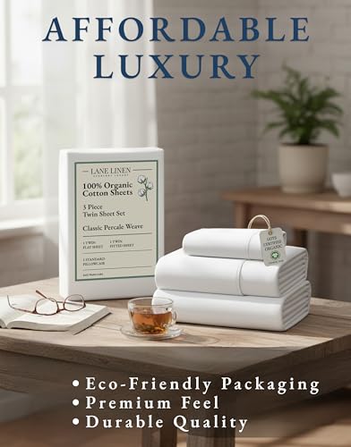 LANE LINEN 100% Organic Cotton Twin Sheets Set, 3Pc Twin Bed Sheets, Soft & Comfy Breathable Cotton Percale Sheets for Twin Size Bed, Dorm Room Essentials Low Pill Fade Resistant White Sheets LANE LINEN