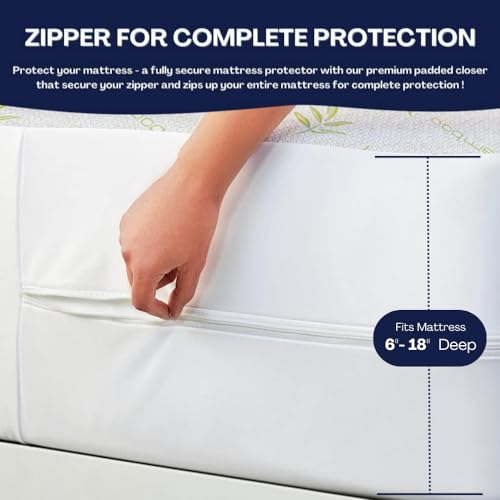 Bamboo Mattress Protector with Zipper - 100% Waterproof Queen Size Cooling Mattress Cover - Ultra Soft Jacquard Fabric Breathable Noiseless Mattress Pad Covers - Zippered Mattress Encasement DreamField Linen