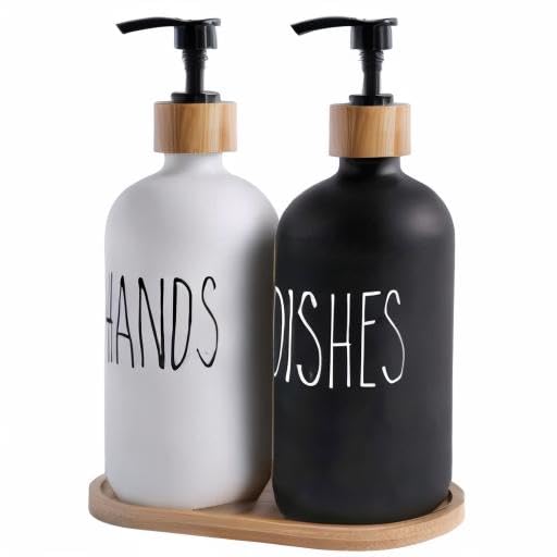 MOMEEMO Glass Soap Dispenser Set, Contains Hand Soap Dispenser and Dish Soap Dispenser, Suitable for Black and White Kitchen Decor. (Black & White) MOMEEMO