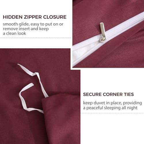 JSD Burgundy Duvet Cover Set Queen Size, 3 Piece Duvet Cover with Pillow Shams, Soft Brushed Microfiber Zipper Closure, Comforter Not Included JSD