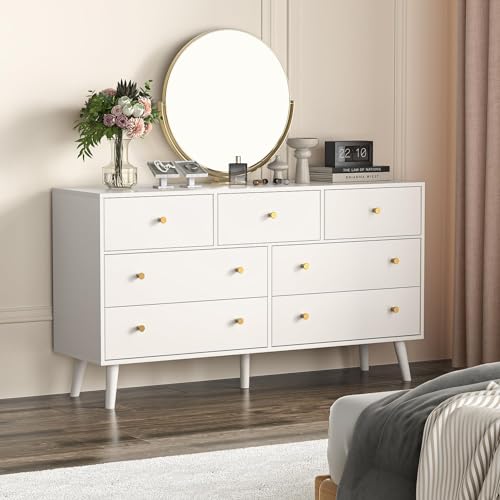 SINROM 55” White Dresser, 7 Drawer Dresser for Bedroom with Wide Drawers and Gold Knobs, Wood Dressers & Chests of Drawers SINROM