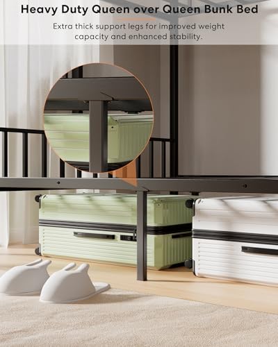 Feetice Queen Over Queen Bunk Bed, Heavy Duty Metal Bunk Bed with PVC Anti-Slip Ladder & Full-Length Guardrails, Noise-Free Bunk Bed Frame for Adults, Teens, Black Feetice