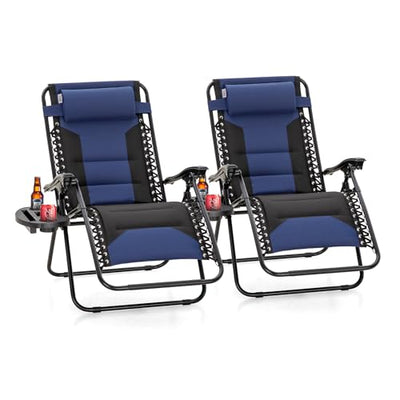 PHI VILLA Zero Gravity Chair Set of 2, Padded Anti Gravity Recliner, Oversized 28" Wide Seat, Foldable Patio Lounger with Armrest & Cup Holder, Supports 400 LBS (Blue Black)