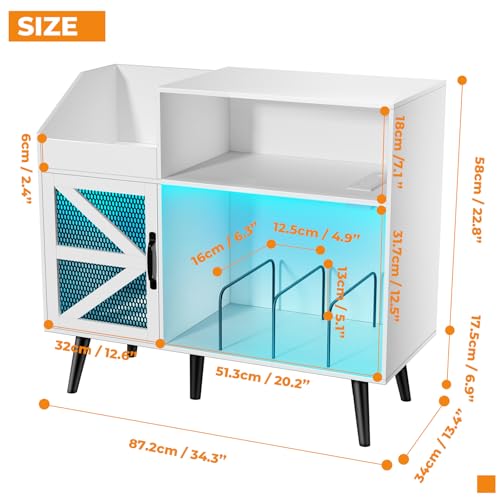 Loomie Large Record Player Stand with Power Outlet & LED Light, 350 Vinyl Record Storage Cabinet with Magnetic Door, Turntable Table with Wood Legs for Living Room (White) Loomie