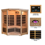 Heat Wave 3 Person Sauna Corner Fitting Infrared FIR FAR 7 Carbon Heaters Hemlock Wood MP3 Player 2 Speakers Color Therapy Light LED Control Panel Heat Wave