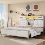 YITAHOME Farmhouse King Size Bed Frame with Charging Station and Led Light, Wooden Platform Tall Storage Headboard Bed Frame, Sliding Barn Door, Metal Slats Support, No Box Spring Needed, White YITAHOME