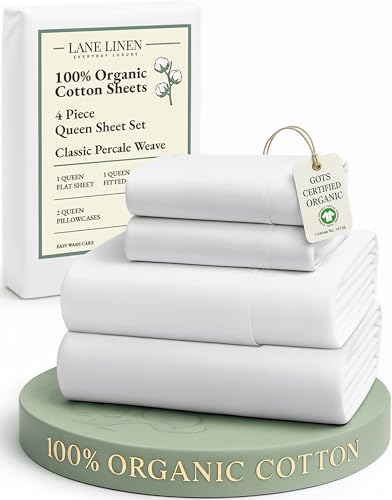 LANE LINEN Eco Friendly 100% Organic Cotton Queen Sheet Set, Soft & Comfy Fully Elasticized 15" Deep Pocket Bed Sheets, Low Pill Naturally Cooling Machine Wash Sábanas Queen- White Bed Sheets LANE LINEN