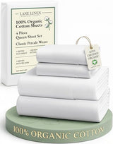 LANE LINEN Eco Friendly 100% Organic Cotton Queen Sheet Set, Soft & Comfy Fully Elasticized 15" Deep Pocket Bed Sheets, Low Pill Naturally Cooling Machine Wash Sábanas Queen- White Bed Sheets LANE LINEN