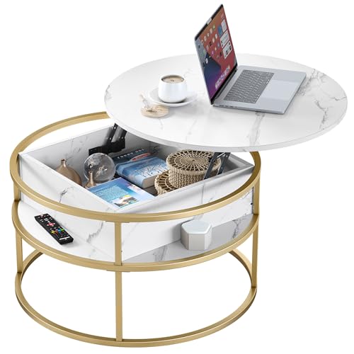 YITAHOME Round Lift Top Coffee Table, Coffee Tables for Living Room with Hidden Storage Compartment, Modern Coffee Table with Storage for Home Office,Round Center Tables Living Room,White and - WoodArtSupply