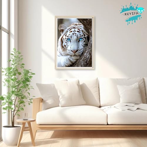 KEYIFA White Tiger Diamond Art Kits for Adults, DIY Diamond Painting Animal, Round Full Drill, 5D Diamonds Dots Mosaic Painting, Gem Arts Craft for Home Wall Decor Gifts, 30x40cm KEYIFA