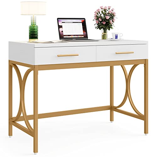 Tribesigns Modern Computer Desk with 2 Drawers, 41 Inches Study Writing Office Desk for Home Office, Bedroom, Makeup Vanity Table Desk with Gold Metal Frame, White & Gold