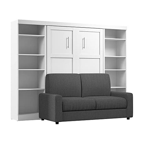 Bestar Pur Full Murphy Bed with Sofa and Shelving Units, 109-inch Space-Saving Wall Bed with Storage Bestar
