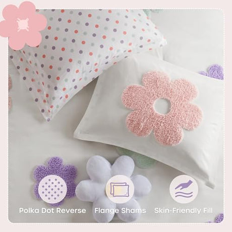 Intelligent Design Kids Full Comforter Set for Girls, Tufted Chenille Floral Comforter Set Queen, Lightweight Polka Dot Reversible Bed Set, Shams, Pillow, Gracie, Full/Queen White/Purple 4 Piece Intelligent Design