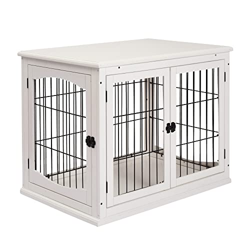 PawHut Dog Crate Furniture, Small Dog Cage End Table with Two Opening Sides, Lockable Door, Puppy Kennel Indoor, Cute and Decorative, Pure White - WoodArtSupply